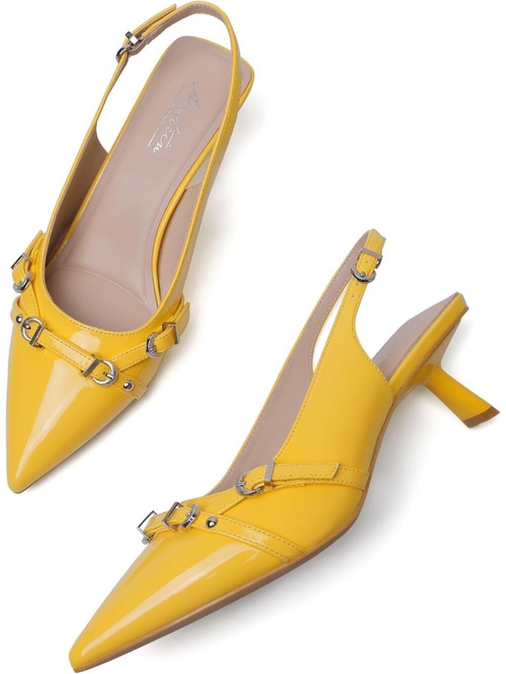 Women's Yellow Patent Leather Kitten Heels Pointed Toe Pumps Party Dress Shoes - Picture 4 of 6